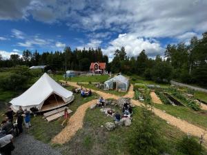 VedevågGuesthouse Andersson的一群人站在田野的帐篷周围