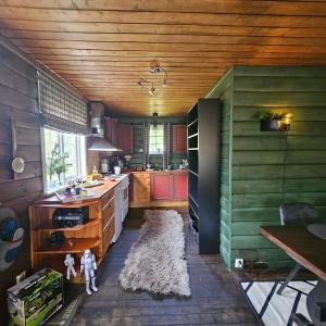 KvamBjørnebu- Ski in-ski out的厨房设有绿色的墙壁和木制天花板