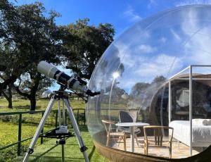 巴伦西亚德亚尔坎塔拉芬卡艾尔柯缇纳尔酒店的帐篷旁的三脚架上的望远镜