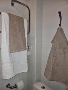 斯德哥尔摩Cosy Apartment in heart of Stockholm Sweden的浴室的墙壁上挂着白色毛巾