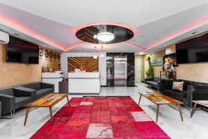 伊斯坦布尔Mays Royal Hotel的带沙发和红色地毯的客厅
