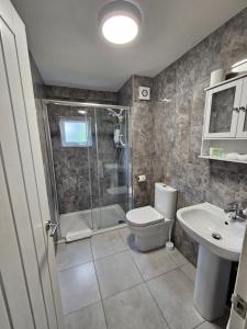 LamberhurstT & J Motel的带淋浴、卫生间和盥洗盆的浴室