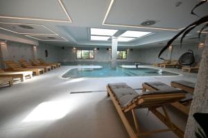 潘切沃Hotel Tamiš & Spa的一个带椅子的房间的大型游泳池