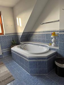 瓦格纳Freundliche Wohnung Nähe Weinstraße für 5 Personen的一间蓝色瓷砖浴室,内设浴缸