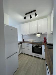VoždivacBMM LUX APARTMENT的厨房配有白色橱柜和冰箱。