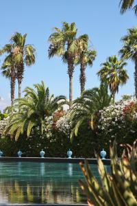 帕埃斯图姆Savoy Hotel & Spa - Preferred Hotels & Resorts的一座种有棕榈树和鲜花的游泳池