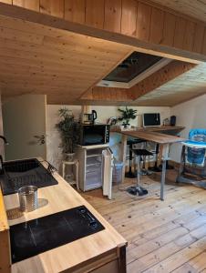 BlésignacGîte zen dans les bois的铺有木地板的厨房和木制天花板