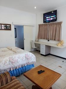 彼得马里茨堡Danodeb Lodge的一间卧室配有一张床和一张书桌及电视