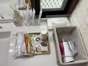 东京松島雅居的一个带水槽和一盒物品的浴室台面