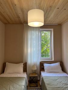 梅斯蒂亚Apartment Gabliani的配有窗户和吊灯的客房内的两张床