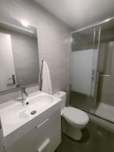 马德里San Centro Airport IFEMA Wizink Metropolitano Apartments的一间带水槽、卫生间和镜子的浴室