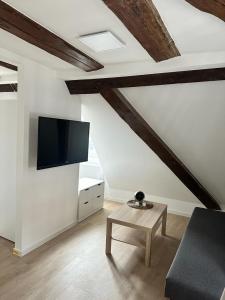 卡尔斯鲁厄Ochsen-Durlach的带沙发、桌子和电视的客厅