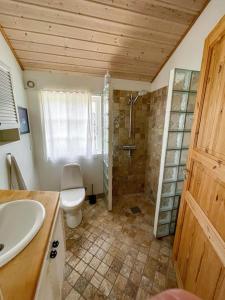 斯文堡Hyggeligt anneks på Thurø, tæt på vandet.的浴室配有卫生间、淋浴和盥洗盆。