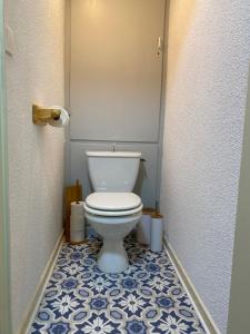 EnchastrayesHome Sweet Sauze - Chaleureux appartement - Lumineux et calme - Vue sur la montagne的设有带卫生间的浴室,铺有蓝色和白色的地板。