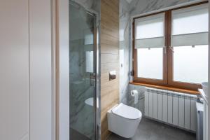 克拉科夫Zakątek Apartments的一间带卫生间和玻璃淋浴间的浴室