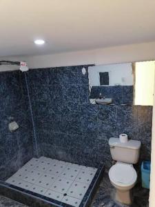 特鲁希略SAN PAOLY.的浴室设有卫生间和蓝色瓷砖淋浴。
