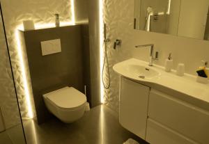 波德拉谢地区亚努夫Apartament Janów Podlaski的白色的浴室设有卫生间和水槽。