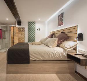 马拉加Emilysuites - Malaga Centro Historico的一间卧室设有一张大床和一个步入式淋浴间。