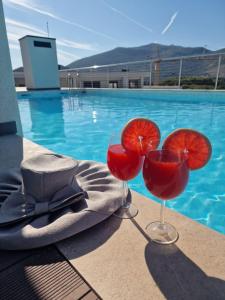 特雷比涅Kathisma Trebinje的游泳池畔的两杯红葡萄酒