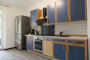 米尔豪森Ländlicher Rückzugsort im Herzen von Mühlhausen的厨房配有蓝色橱柜和不锈钢冰箱