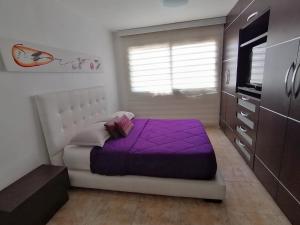 PampatarLo mejor de isla Margarita的一间卧室配有一张紫色的床和一台电视机