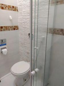尼泰罗伊Loft Aconchegante no Centro de Niterói!的一间带卫生间和玻璃淋浴间的浴室