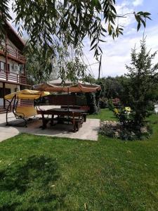 克勒拉希Casa Carp Calarasi的院子里的野餐桌和雨伞