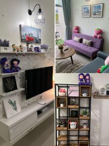 伯恩仓Sweet Homestay 3RM @ Penthouse Apartment in Brinchang的客厅配有紫色沙发和电视