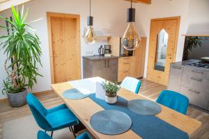 奥蒂塞伊Apt Lara Ruveda的厨房以及带木桌和蓝色椅子的用餐室。