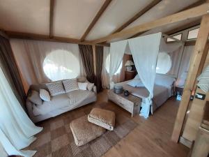 马萨马里蒂马Wine Glamping Le Sedici的卧室享有空中景致,配有沙发和1张床