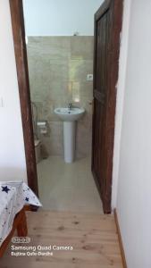 DardhëGuest House Qafe Dardha - Tomorr National Park的一间带水槽、卫生间和门的浴室