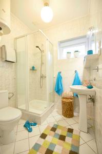 谢拉库夫Arenda Apartamenty&Domki całoroczne的带淋浴、卫生间和盥洗盆的浴室