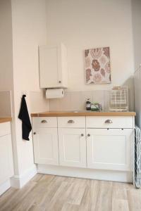 莱斯特Spacious 1 bedroom apartment的厨房配有白色橱柜和水槽