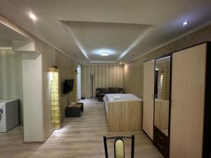 (( Turksib ))Однокомнатная квартира напротив Аэропорта Алматы的一间卧室配有一张床和一个沙发