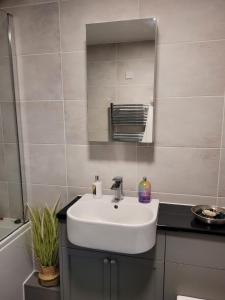 伦敦Comfortable Two Bedroom Modern Apartment的浴室设有白色水槽和镜子