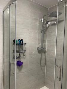 伍尔弗汉普顿Kingdom apartments的浴室里设有玻璃门淋浴