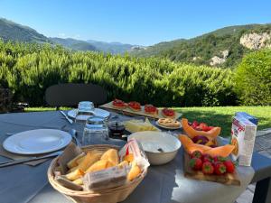 FerentilloLa Tenuta dei Fiori的一张野餐桌,上面有食物,后面有山