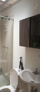 圣罗莎德卡瓦尔Donde Memo的浴室设有白色水槽、卫生间和镜子