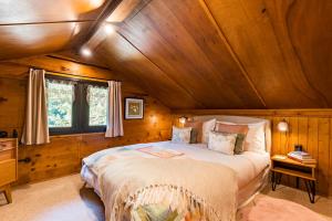 蒙特里永Le Petit Rêve - Lac de Montriond的木制客房内的一间卧室配有一张大床