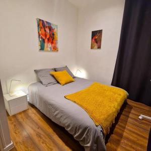马赛Le Central Parc - T2-Spacieux-Clim-Wifi的一间卧室配有一张黄色毯子床