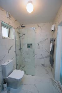 基拉尼9 Parklands Holiday home的白色的浴室设有卫生间和淋浴。