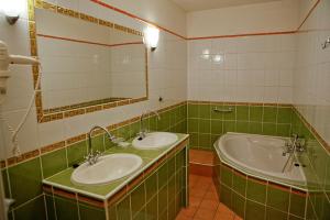 斯莫列尼茨Smolenický zámok的绿色和白色的浴室设有两个水槽和一个浴缸