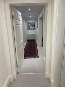 爱丁堡Merchiston Residence的一条空的走廊,地板上铺着地毯,走廊长度为