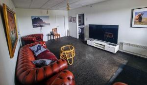 霍芬维津咖啡旅馆的客厅配有真皮沙发和平面电视