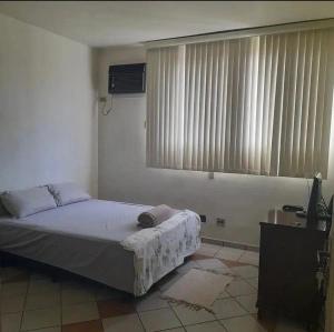 桑托斯Quattrô suítes Santos的一间卧室配有一张床、一台电视和一个窗口