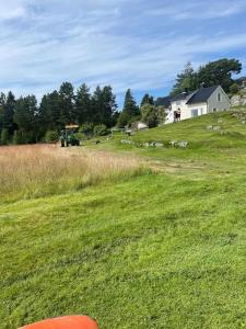 莫尔德Sjarmerende gårdsbruk omgitt av vakker natur的一片绿草丛,有房子和拖拉机