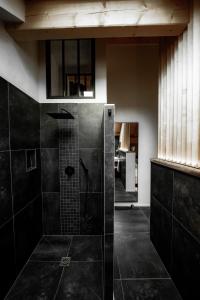 普雷芒翁La Loge de la Dolarde - Chambre Ouest的带淋浴的浴室和玻璃门