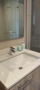 比勒陀利亚Menlyn Maine Trilogy Apartment 808的浴室水槽配有镜子和2瓶肥皂