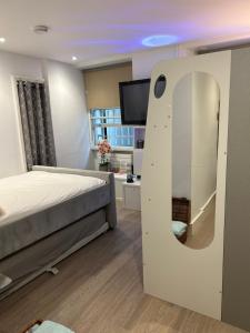 伦敦Beautiful double room in a central location next to various tube stations with breakfast and yoga options available on site的一间卧室配有一张床和一台平面电视