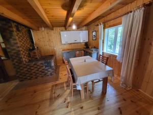 Miejsce w lesie的小屋内的厨房配有桌椅